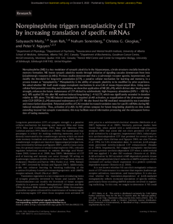 Norepinephrine triggers metaplasticity of LTP by increasing translation of specific mRNAs thumbnail