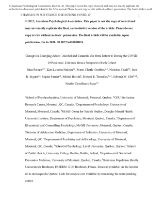 Changes in emerging adults' alcohol and cannabis use from before to during the COVID-19 pandemic: Evidence from a prospective birth cohort thumbnail