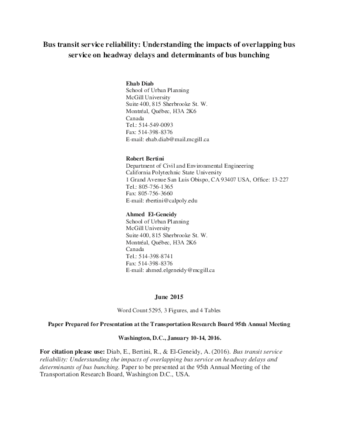 Bus transit service reliability: Understanding the impacts of overlapping bus service on headway delays and determinants of bus bunching  thumbnail