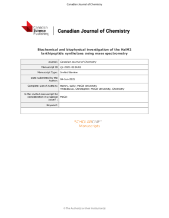 Biochemical and Biophysical Investigation of the HalM2 Lanthipeptide Synthetase using Mass Spectrometry thumbnail