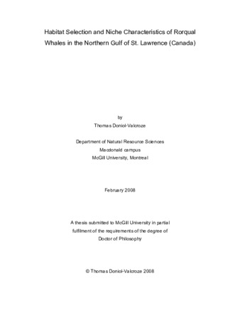 Habitat selection and niche characteristics of rorqual whales in the northern Gulf of St. Lawrence (Canada) thumbnail