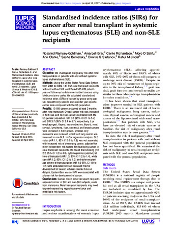 Standardised incidence ratios (SIRs) for cancer after renal transplant in systemic lupus erythematosus (SLE) and non-SLE recipients thumbnail