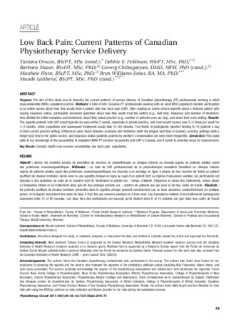 Low Back Pain: Current Patterns of Canadian Physiotherapy Service Delivery thumbnail