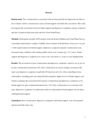 Perceived friend support buffers against symptoms of depression in peer victimized adolescents: Evidence from a population-based cohort in South Korea thumbnail