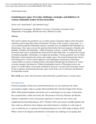 Gendering gray space: Everyday challenges, strategies, and initiatives of women community leaders in East Jerusalem thumbnail