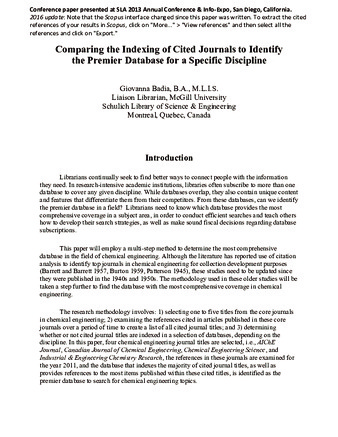 Comparing the Indexing of Cited Journals to Identify the Premier Database for a Specific Discipline thumbnail