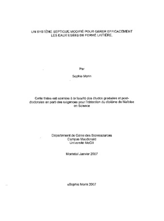 Un système septique modifié pour gerer efficacement les eaux usées de ferme laitière / thumbnail