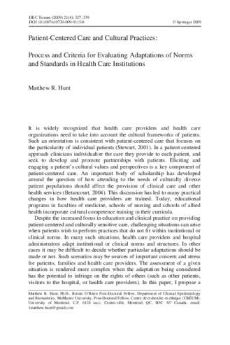 Patient-Centered Care and Cultural Practices: Process and Criteria for Evaluating Adaptations of Norms and Standards in Health Care Institutions thumbnail