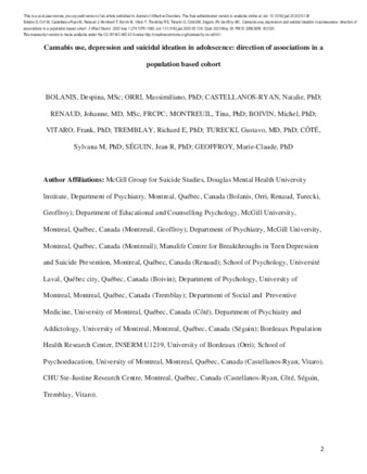 Cannabis use, depression and suicidal ideation in adolescence: direction of associations in a population based cohort thumbnail