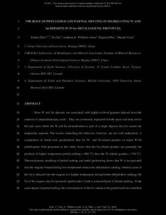 The role of phyllosilicate partial melting in segregating tungsten and tin deposits in W-Sn metallogenic provinces thumbnail