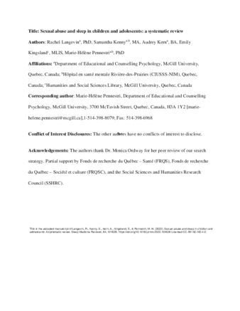 Sexual abuse and sleep in children and adolescents: A systematic review thumbnail