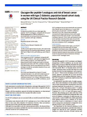 Glucagon-like peptide-1 analogues and risk of breast cancer in women with type 2 diabetes: population based cohort study using the UK Clinical Practice Research Datalink thumbnail