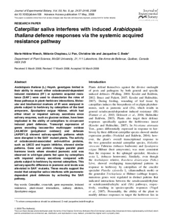 Caterpillar saliva interferes with induced Arabidopsis thaliana defence responses via the systemic acquired resistance pathway thumbnail
