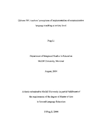 Chinese EFL teachers' perceptions of implementation of communicative language teaching at tertiary level thumbnail