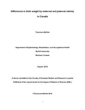 Differences in birth weight by maternal and paternal nativity in Canada thumbnail