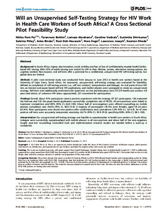 Will an Unsupervised Self-Testing Strategy for HIV Work in Health Care Workers of South Africa? A Cross Sectional Pilot Feasibility Study thumbnail