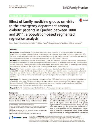 Effect of family medicine groups on visits to the emergency department among diabetic patients in Quebec between 2000 and 2011: a population-based segmented regression analysis thumbnail