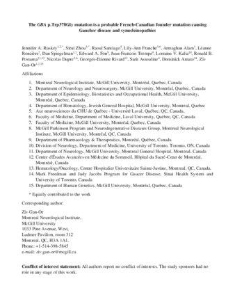The GBA p.Trp378Gly mutation is a probable French-Canadian founder mutation causing Gaucher disease and synucleinopathies thumbnail