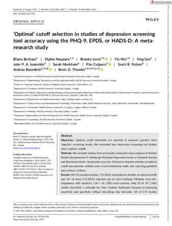 ‘Optimal’ cutoff selection in studies of depression screening tool accuracy using the PHQ-9, EPDS, or HADS-D: A meta-research study thumbnail