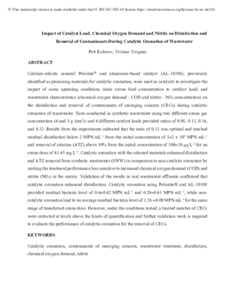 Impact of catalyst load, chemical oxygen demand and nitrite on disinfection and removal of contaminants during catalytic ozonation of wastewater thumbnail