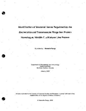 Identification of bacterial genes regulated by the Escherichia coli transposable phage ner protein homologue, NlpSfs 7, a histone-like protein thumbnail