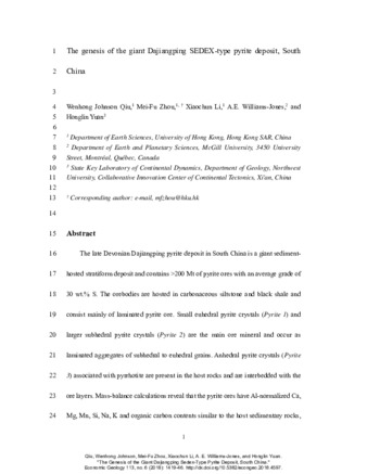 The Genesis of the Giant Dajiangping SEDEX-Type Pyrite Deposit, South China thumbnail