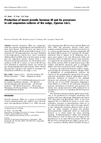 Production of insect juvenile hormone III and its precursors in cell suspension cultures of the sedge, Cyperus iria L. thumbnail