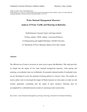 Water demand management in the Caribbean: analysis of water tariffs and metering in Barbados thumbnail