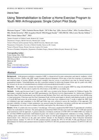 Using Telerehabilitation to Deliver a Home Exercise Program to Youth With Arthrogryposis: Single Cohort Pilot Study thumbnail