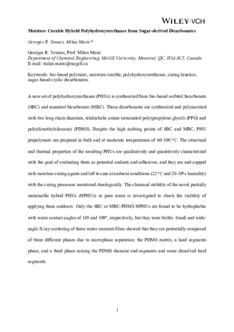 Moisture Curable Hybrid Polyhydroxyurethanes from Sugar-derived Dicarbonates thumbnail