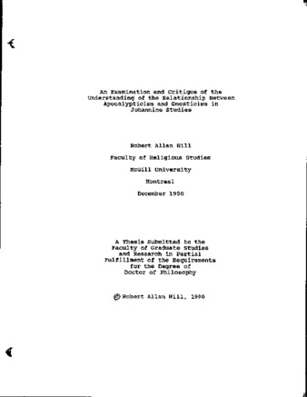 An examination and critique of the understanding of the relationship between apocalypticism and gnosticism in Johannine studies / thumbnail
