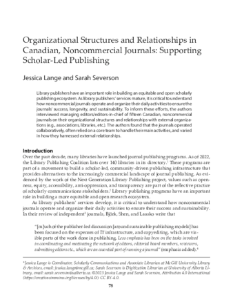 Organizational Structures and Relationships in Canadian, Noncommercial Journals: Supporting Scholar-Led Publishing thumbnail