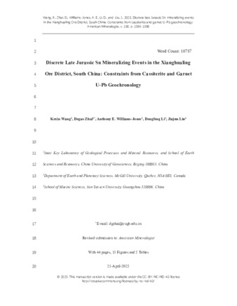 Discrete late Jurassic Sn mineralizing events in the Xianghualing Ore District, South China: Constraints from cassiterite and garnet U-Pb geochronology thumbnail