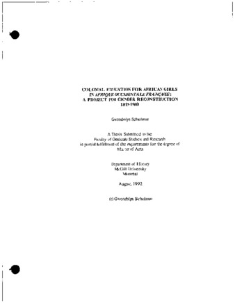 Colonial education for African girls in Afrique occidentale française : a project for gender reconstruction, 1819-1960 thumbnail