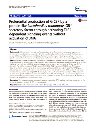 Preferential production of G-CSF by a protein-like Lactobacillus rhamnosus GR-1 secretory factor through activating TLR2-dependent signaling events without activation of JNKs thumbnail