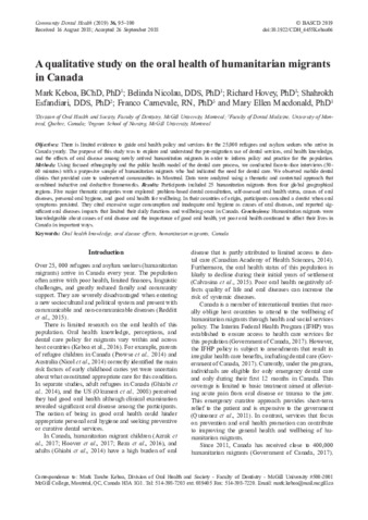 A qualitative study on the oral health of humanitarian migrants in Canada thumbnail