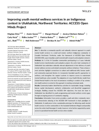 Improving youth mental wellness services in an Indigenous context in Ulukhaktok, Northwest Territories: ACCESS Open Minds Project thumbnail