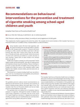 Recommendations on behavioural interventions for the prevention and treatment of cigarette smoking among school-aged children and youth thumbnail