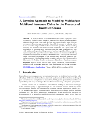 A Bayesian Approach to Modeling Multivariate Multilevel Insurance Claims in the Presence of Unsettled Claims thumbnail