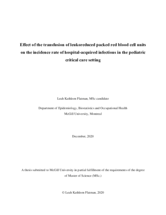 Effect of the transfusion of leukoreduced packed red blood cell units on the incidence rate of hospital- acquired infections in the pediatric critical care setting thumbnail