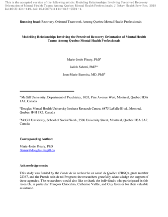 Modeling Relationships Involving Perceived Recovery Orientation of Mental Health Teams Among Quebec Mental Health Professionals thumbnail