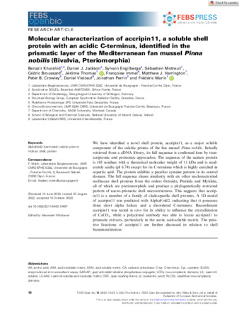 Molecular characterization of accripin11, a soluble shell protein with an acidic C-terminus, identified in the prismatic layer of the Mediterranean fan mussel Pinna nobilis (Bivalvia, Pteriomorphia) thumbnail