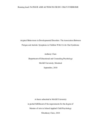 Atypical behaviours in developmental disorders: the association between fatique and autistic symptoms in children with Cri du Chat syndrome thumbnail