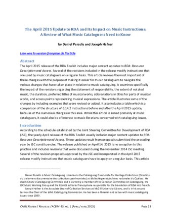La mise à jour d’avril 2015 de RDA et son impact sur les instructions relatives à la musique : une étude à l’intention des catalogueurs de musique thumbnail