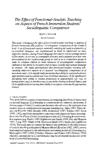 The Effect of Functional-Analytic Teaching on Aspects of French Immersion Students’ Sociolinguistic Competence thumbnail