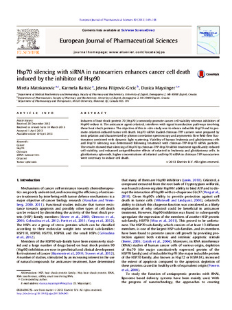 Hsp70 silencing with siRNA in nanocarriers enhances cancer cell death induced by the inhibitor of Hsp90 thumbnail