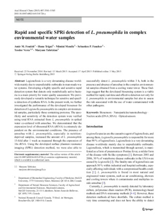 Rapid and specific SPRi detection of L. pneumophila in complex environmental water samples thumbnail