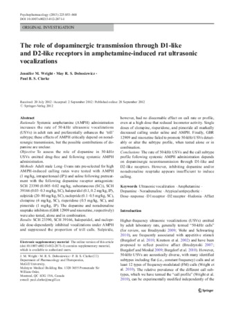 The role of dopaminergic transmission through D1-like and D2-like receptors in amphetamine-induced rat ultrasonic vocalizations thumbnail