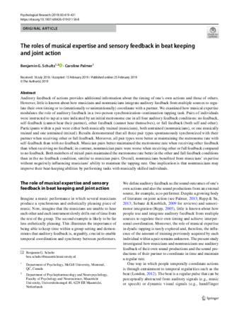 The roles of musical expertise and sensory feedback in beat keeping and joint action thumbnail