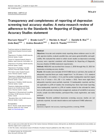 Transparency and completeness of reporting of depression screening tool accuracy studies: A meta-research review of adherence to the Standards for Reporting of Diagnostic Accuracy Studies statement thumbnail